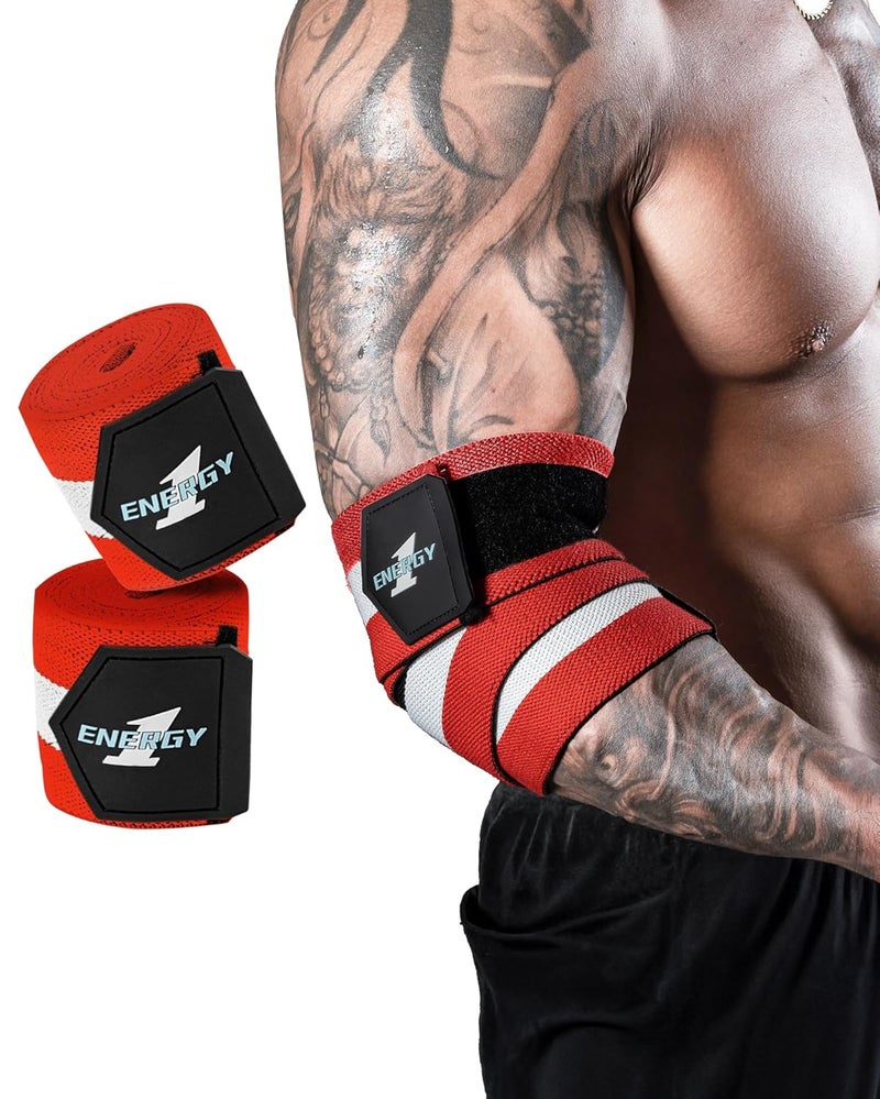 kcross Elbow Wraps for Weightlifting, 47" Strengthening support Elbow Sleeve Weightlifting (1 Pair) for Powerlifting, Bench Press, Gym Workout (Red White Striped) - Image 1